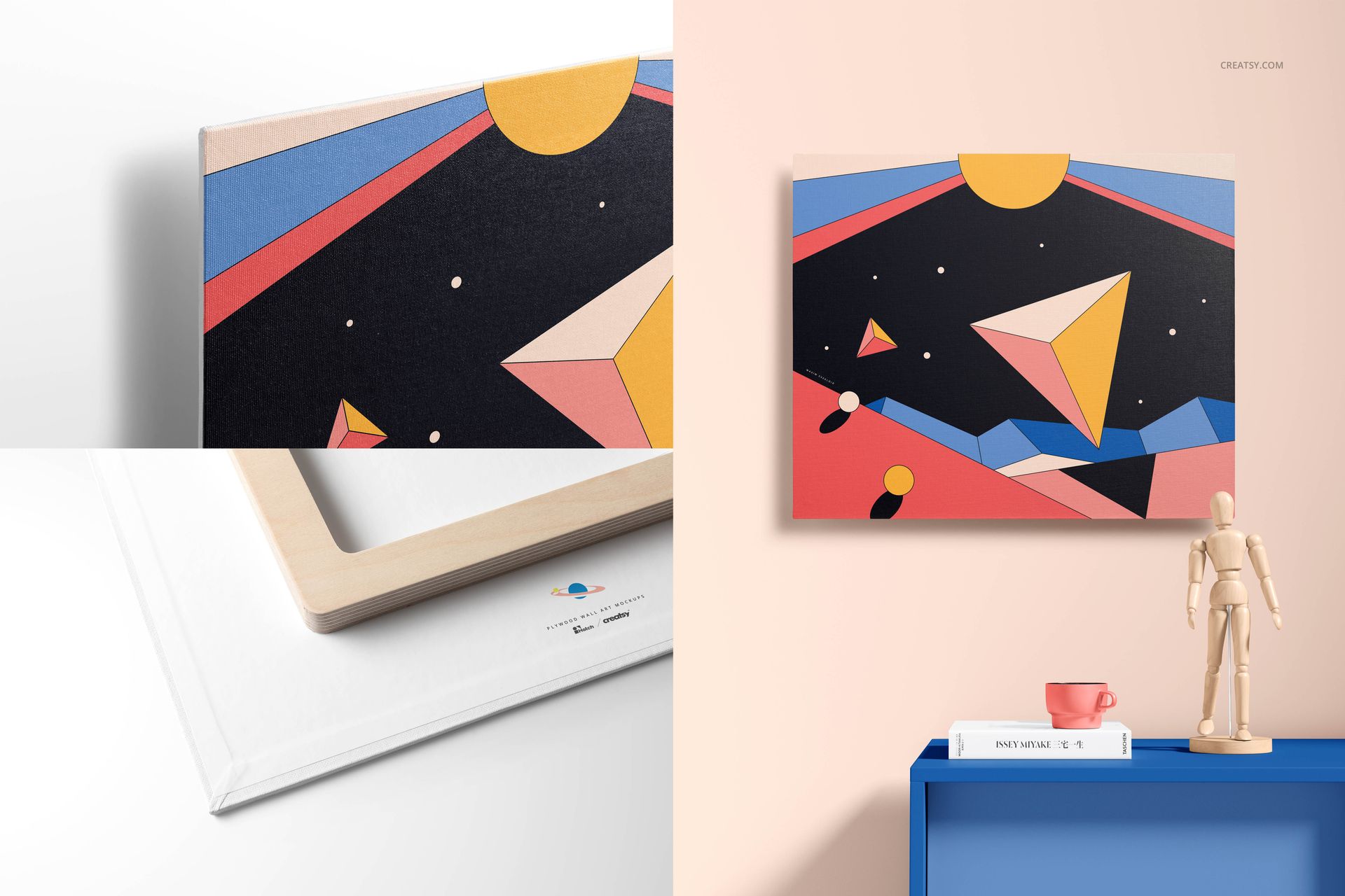Canvas wall art mockup set showing colorful geometric artwork on rectangular canvases, front and close-up views.