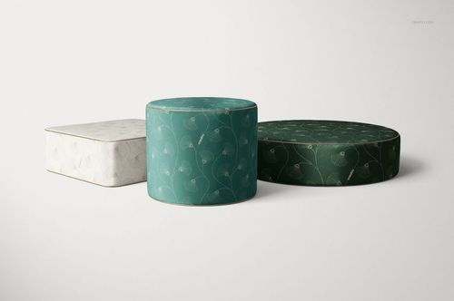 Velvet poufs mockup showing round and square poufs in teal, dark green, and off-white, with subtle leaf designs.