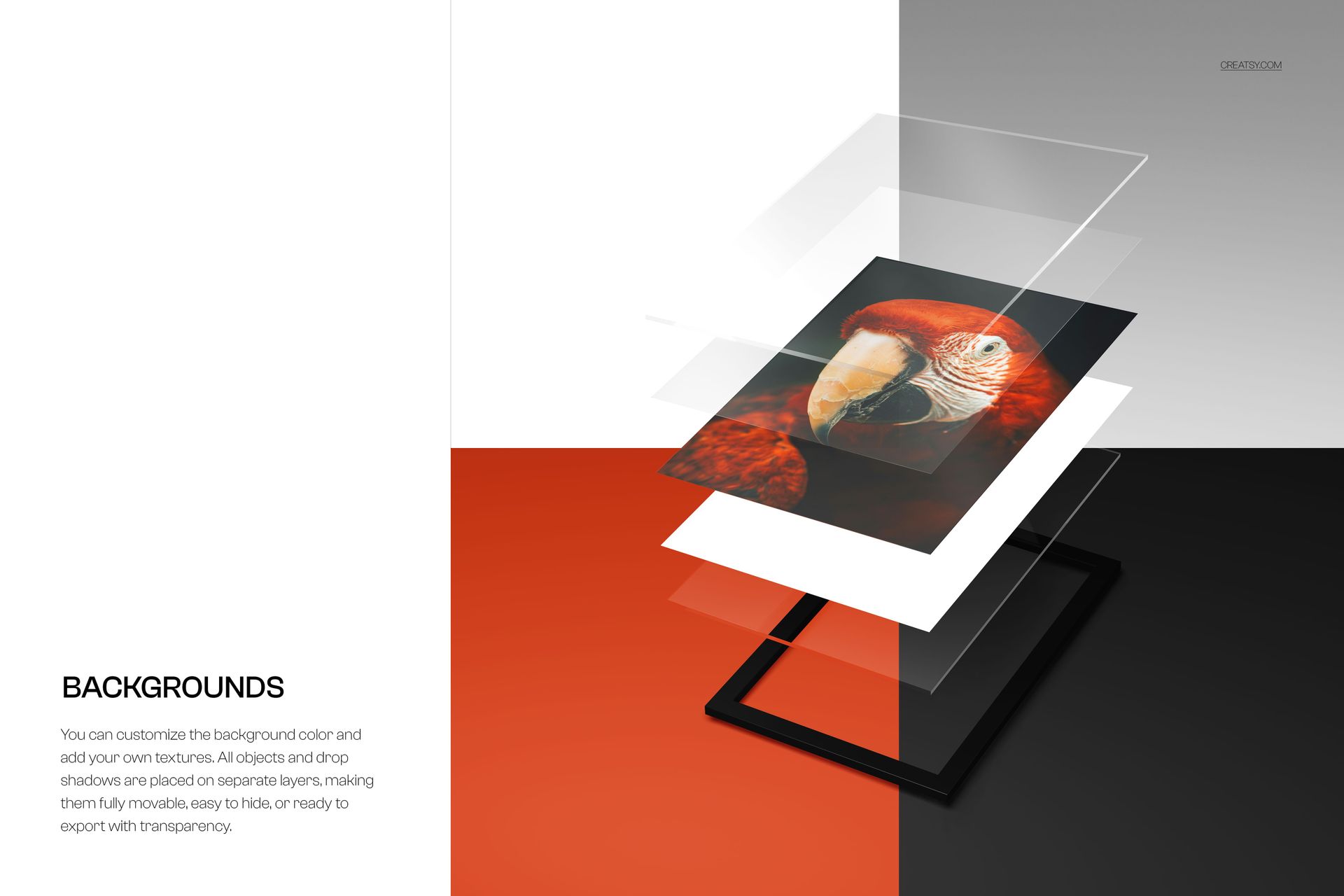Acrylic print mockup showing floating transparent layers above a framed photo of a red parrot, angled view.