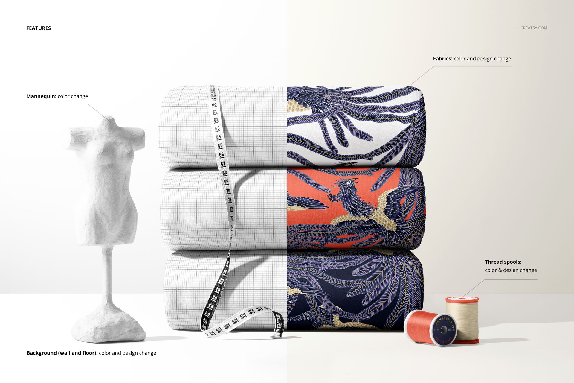 Front view of folded scuba fabric mockup set, featuring plain and patterned textiles with thread spools and tape measure.