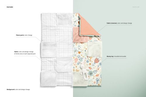 Baby patchwork quilt mockup displayed flat, showing fleece sections, grid pattern, and colorful fabric squares.