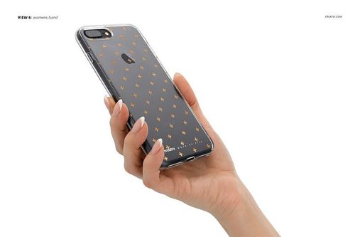iPhone 7 Plus clear case mockup displaying a gold star design, held in a hand against a white background.
