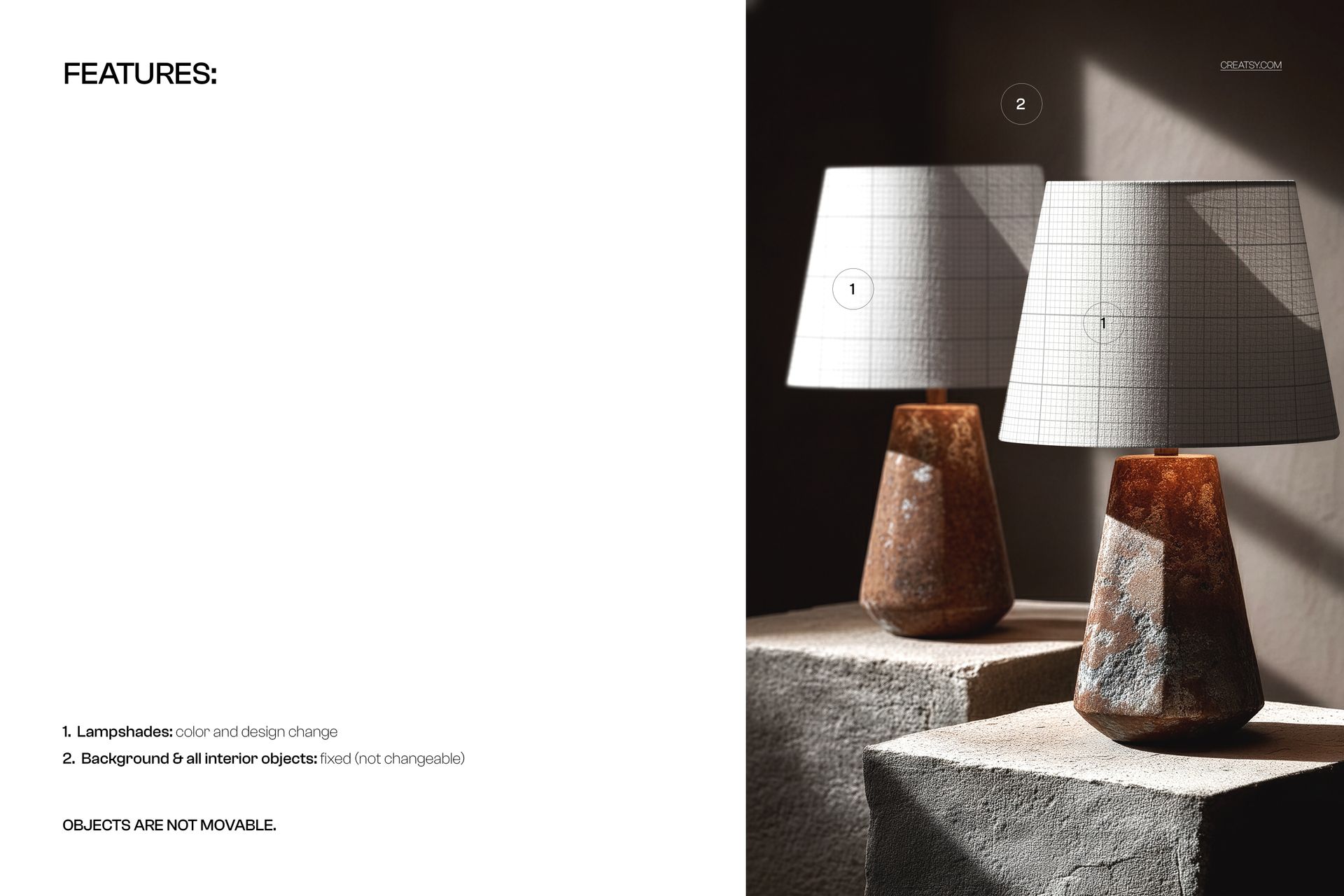 PSD mockup featuring a pair of stone base table lamps with white grid shades, set against a neutral wall background.