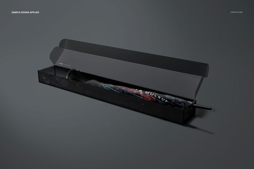 Umbrella packaging mockup featuring a sleek black box and a partially visible umbrella with a multicolor design.