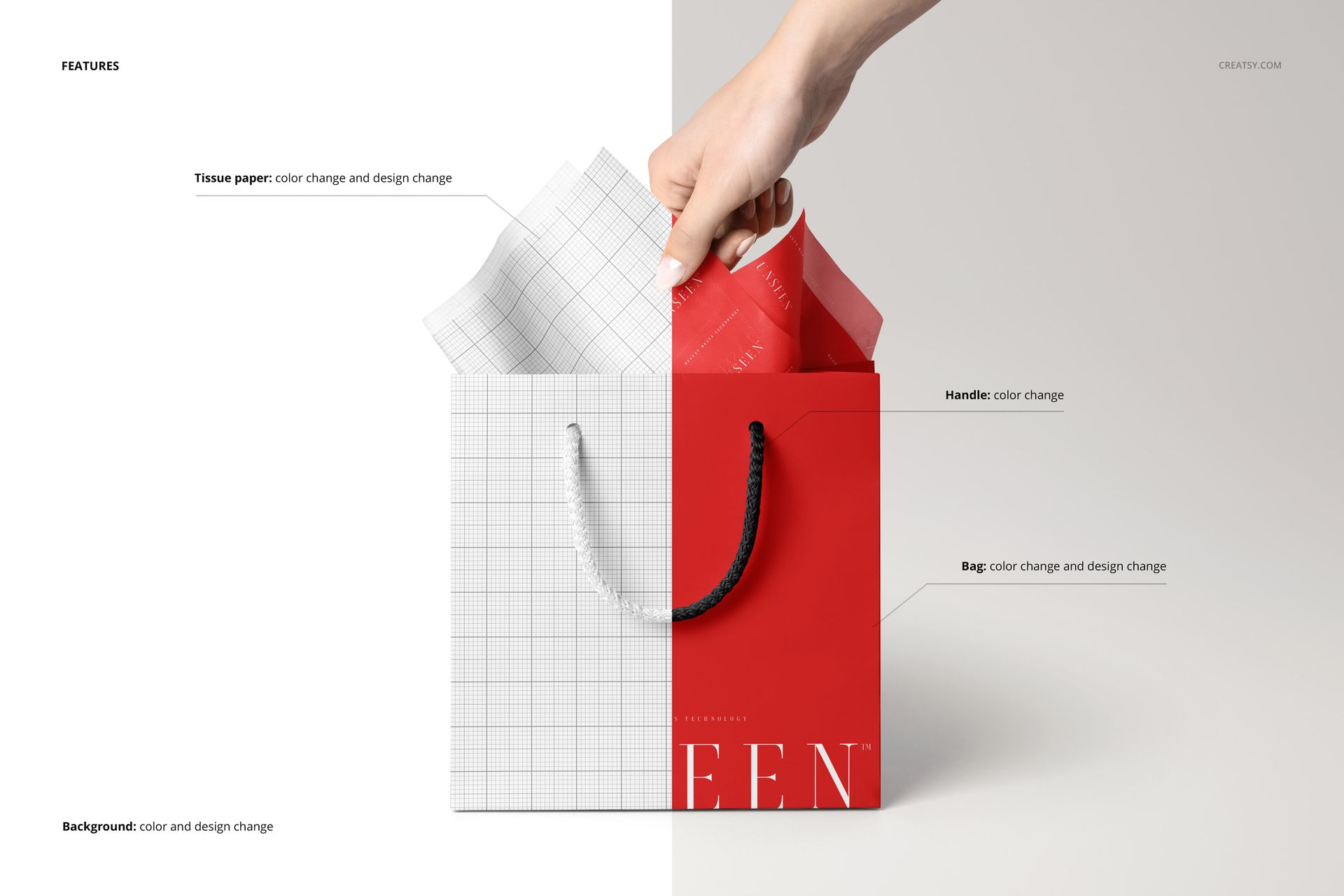 Front view of a square bag mockup with tissue paper, displaying color and design options, hand interacting with the handle.