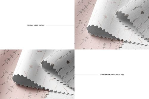 Fabric swatches mockup arranged in two sets, each with a light floral motif and textured zigzag edges, top angle.