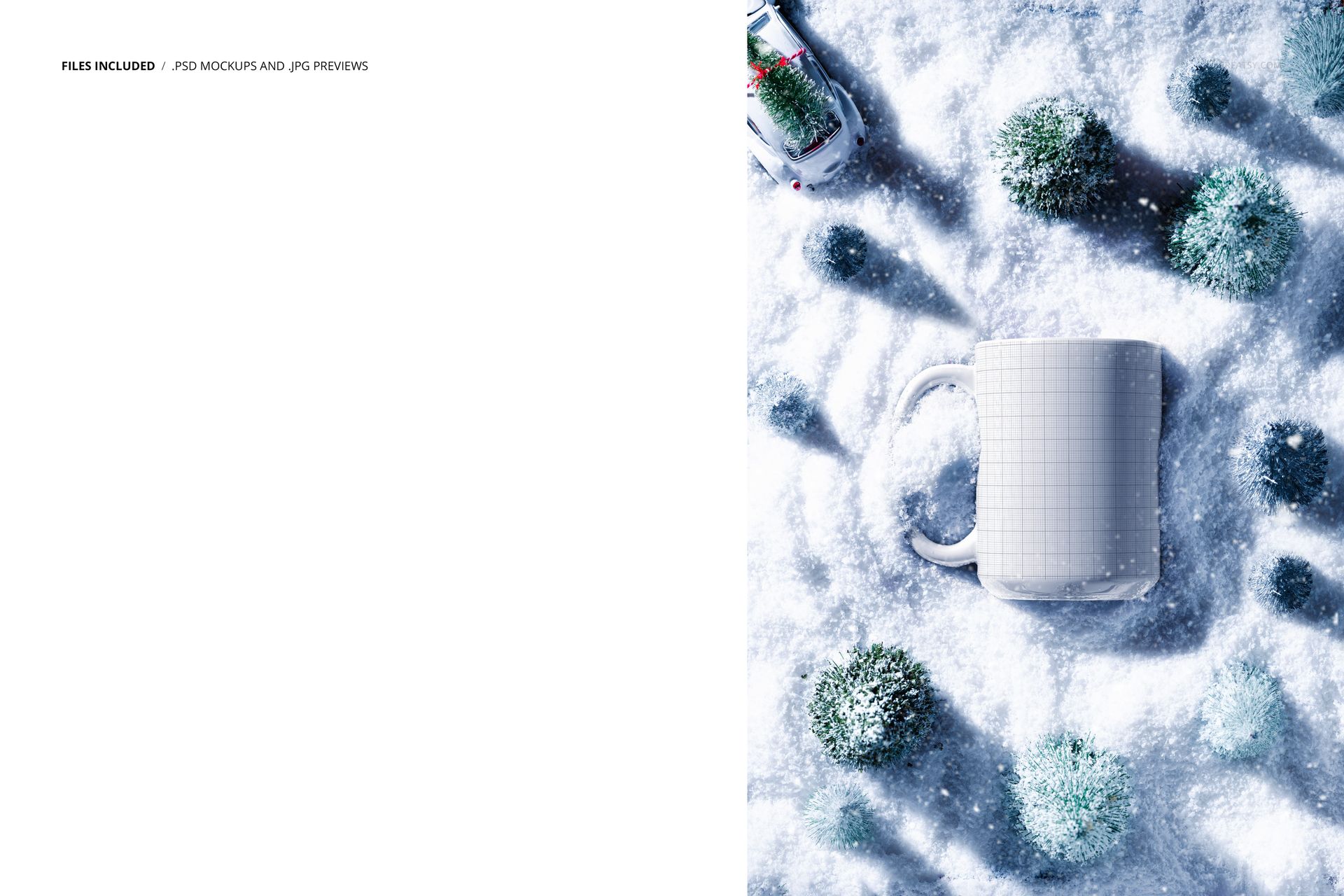 White ceramic mug mockup on a snowy surface, encircled by miniature snow-covered trees and a festive toy car.