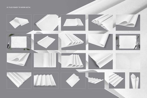 Various mockup layouts of plain white wrapping tissue paper, including folded, stacked, and flat sheets in a neutral setting.