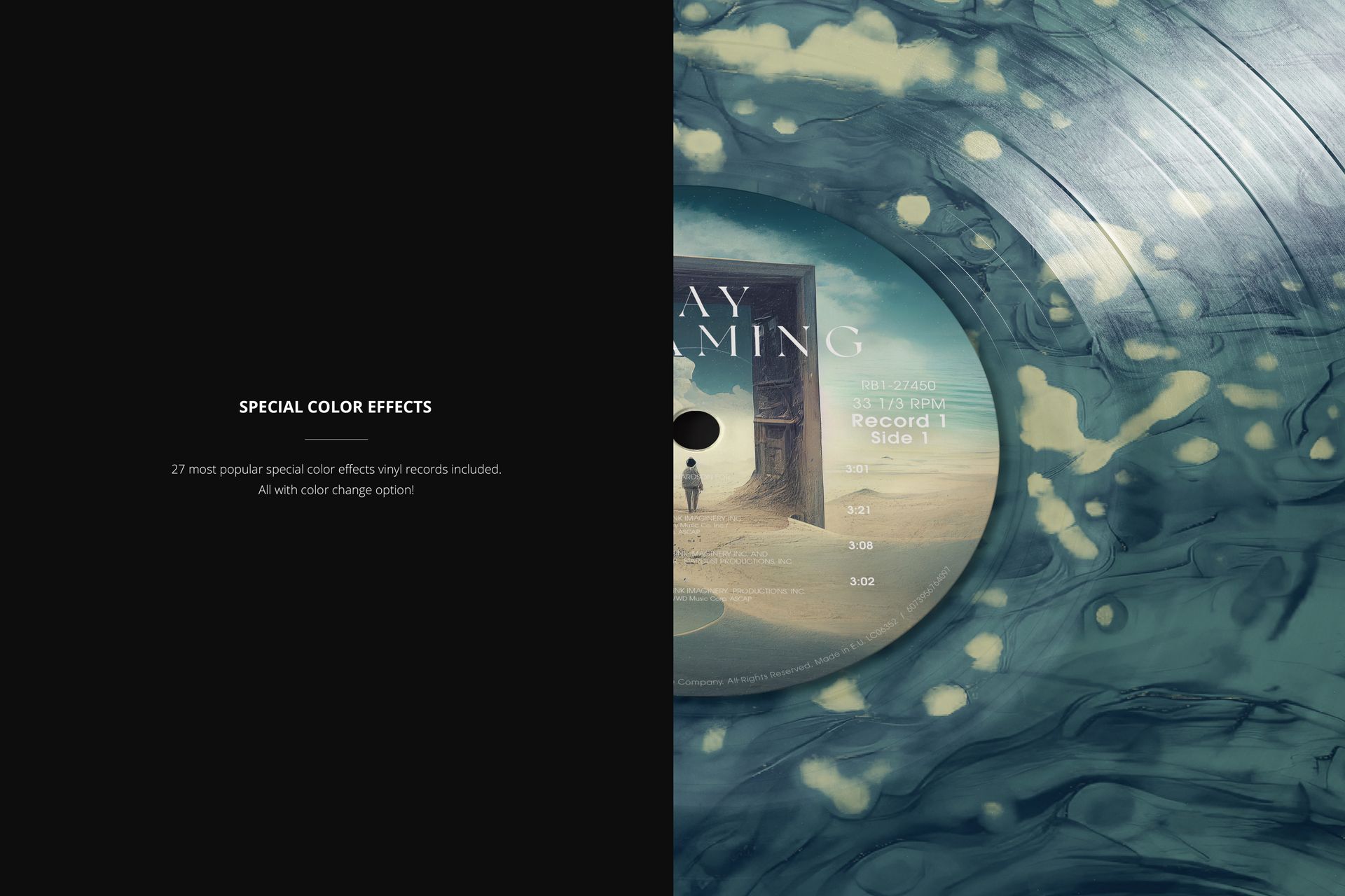 Colored vinyl record PSD mockup displaying a unique marbled pattern and a central label with album information.