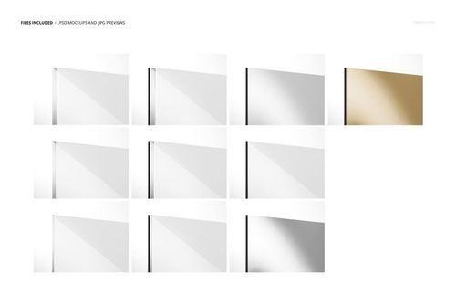 Close-up view of acrylic and aluminum print mockups, showing edge details and glossy surfaces in a grid layout.