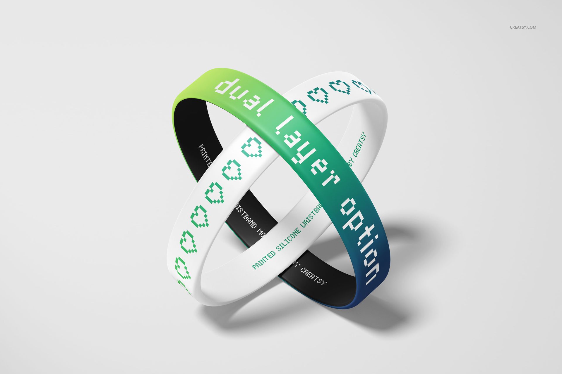 Printed silicone wristbands mockup featuring green, white, and blue bands with pixel heart designs and text.