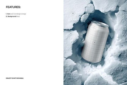 Soda can mockup partially embedded in snow, surrounded by ice chunks, shown from a slightly angled perspective.