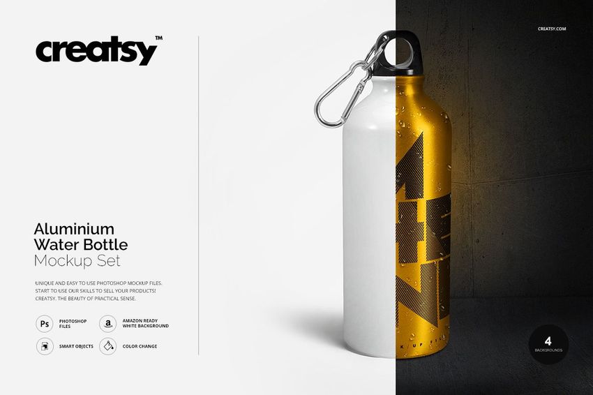 Front view of an aluminium water bottle mockup featuring a bold black design and a metallic finish on a dual-tone background.