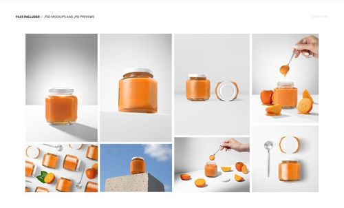 Persimmon jam jar PSD mockup set featuring multiple views, including close-ups and styled scenes with fruit and spoon.