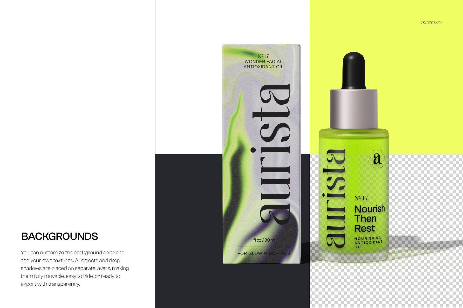 Front view of a green dropper bottle and carton mockup with bold black text, displayed on a divided backdrop.