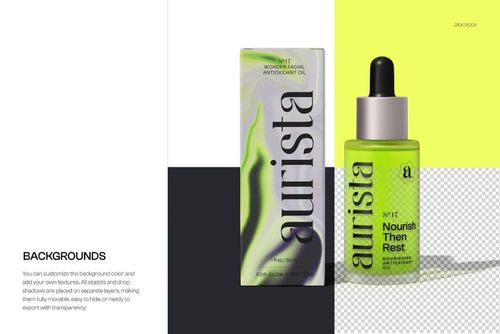 Front view of a green dropper bottle and carton mockup with bold black text, displayed on a divided backdrop.