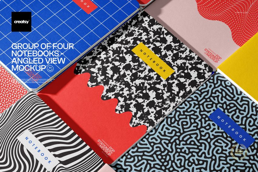 Group of Notebooks Mockup - Angled View - mockup screenshot 1