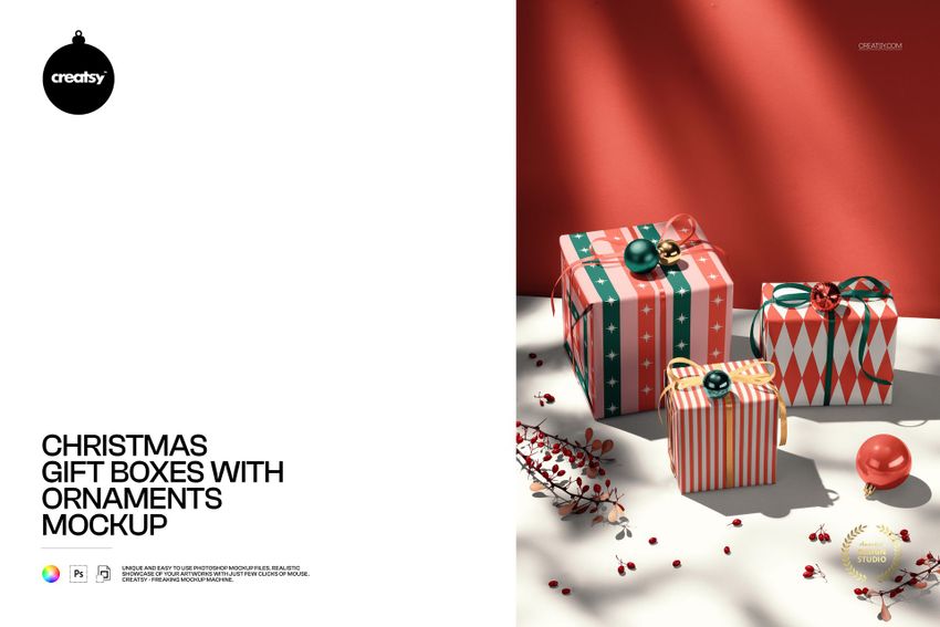 Three Christmas gift boxes with festive patterns and ornaments displayed on a red surface in a front view mockup.