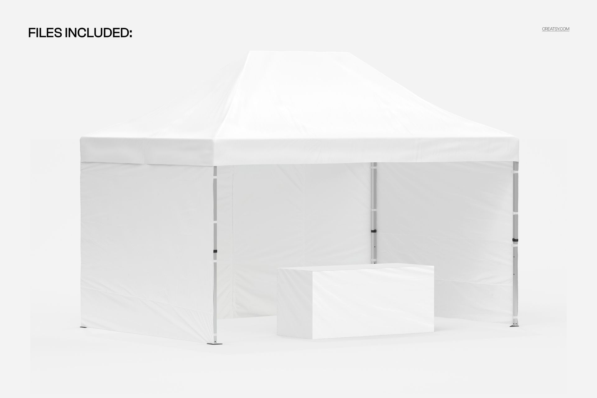 PSD mockup showing a 10x15 pop up tent with closed side walls and a table, displayed on a neutral white backdrop.