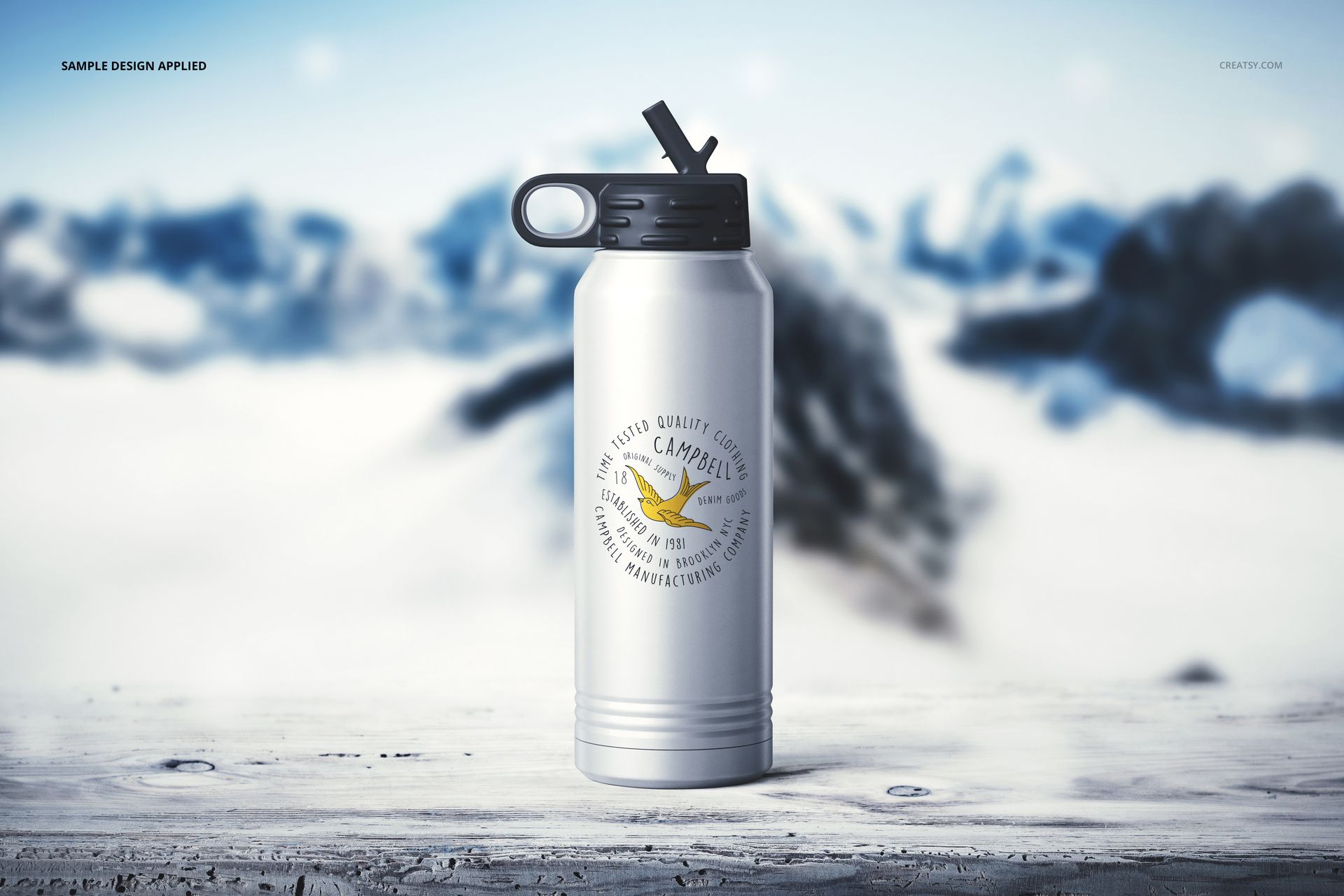 Front view of a 30 oz stainless steel water bottle mockup with a printed emblem, set against a blurred winter background.