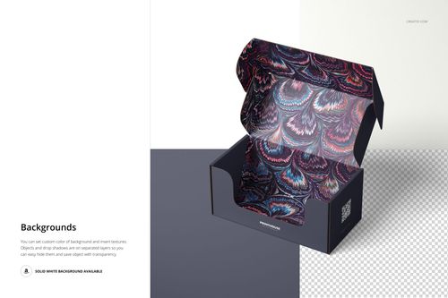 Front tuck mailer box mockup displayed open, featuring a vibrant swirling design on the interior and neutral exterior.