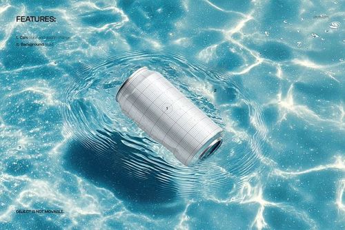 PSD mockup of a cylindrical can resting on water, showing a blank grid design and sunlight reflections on the surface.