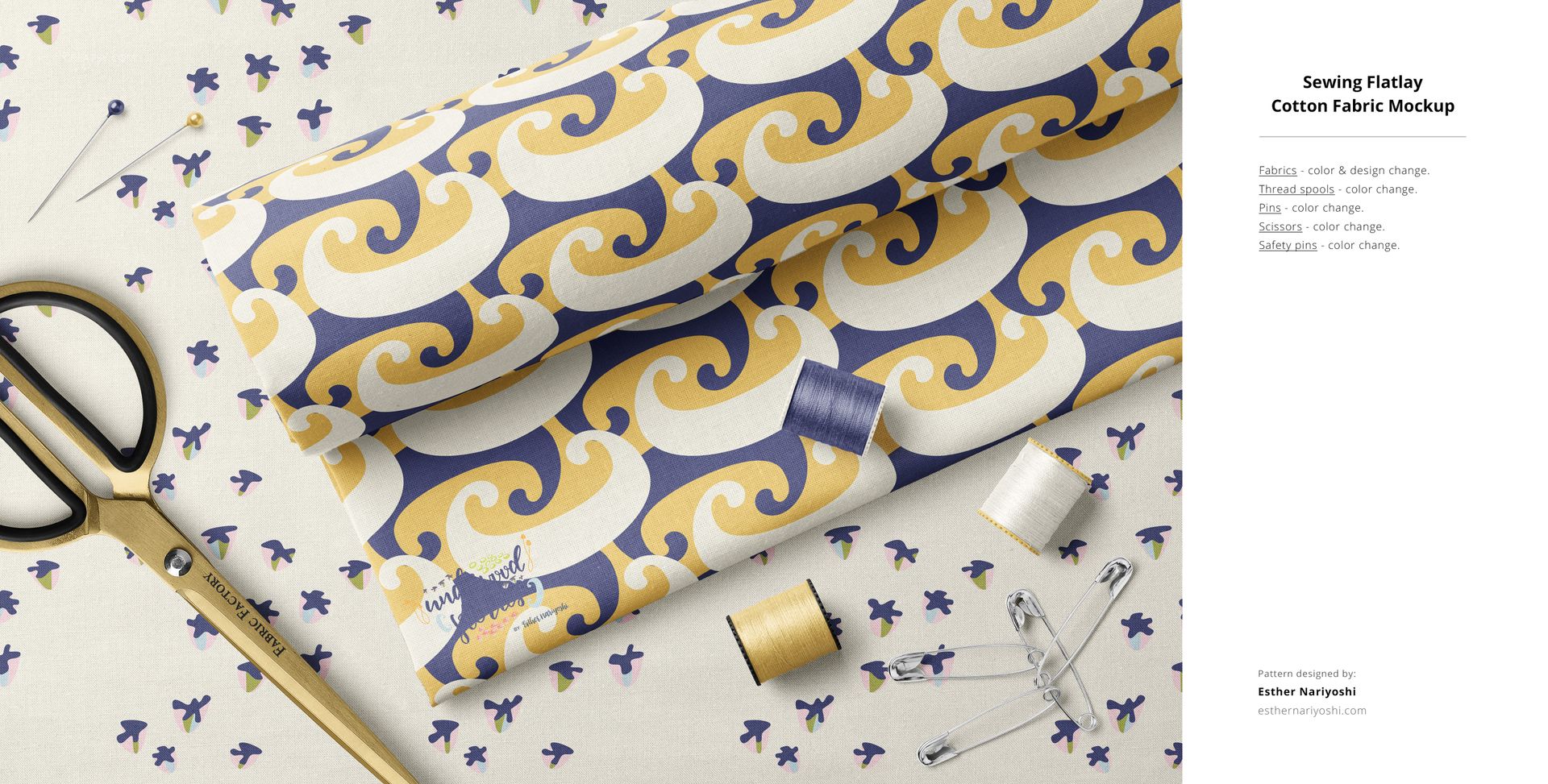 Cotton fabric mockup featuring a wavy blue and yellow design, shown in a flat lay with scissors, thread, and needles.