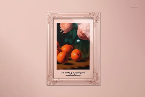 Framed glossy poster mockup featuring a still life of oranges, flowers, and a vase on a light pink wall.