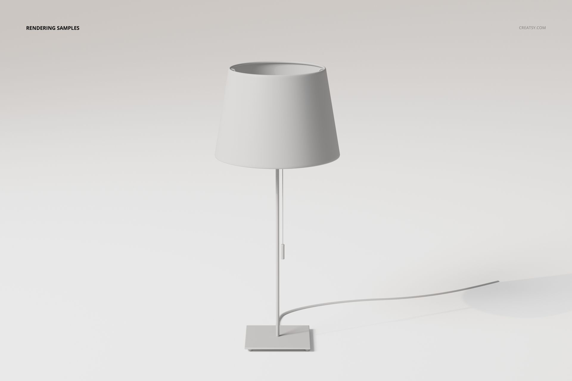 Minimalist pull cord table lamp with a cylindrical white shade, slim metal stand, and square base on a plain background.