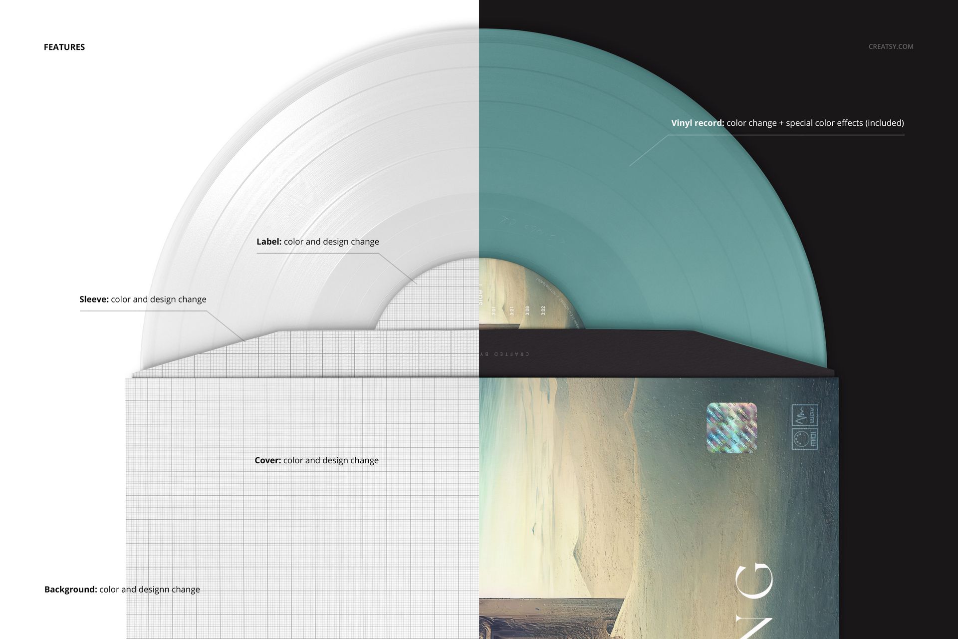 Mockup of a vinyl record in teal and white, half inserted into a cover, displayed from a top-down perspective.