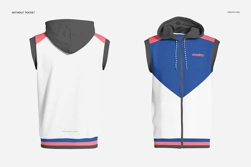Sleeveless hoodie mockup showing both front and back, featuring blue, white, gray, and pink color blocks.