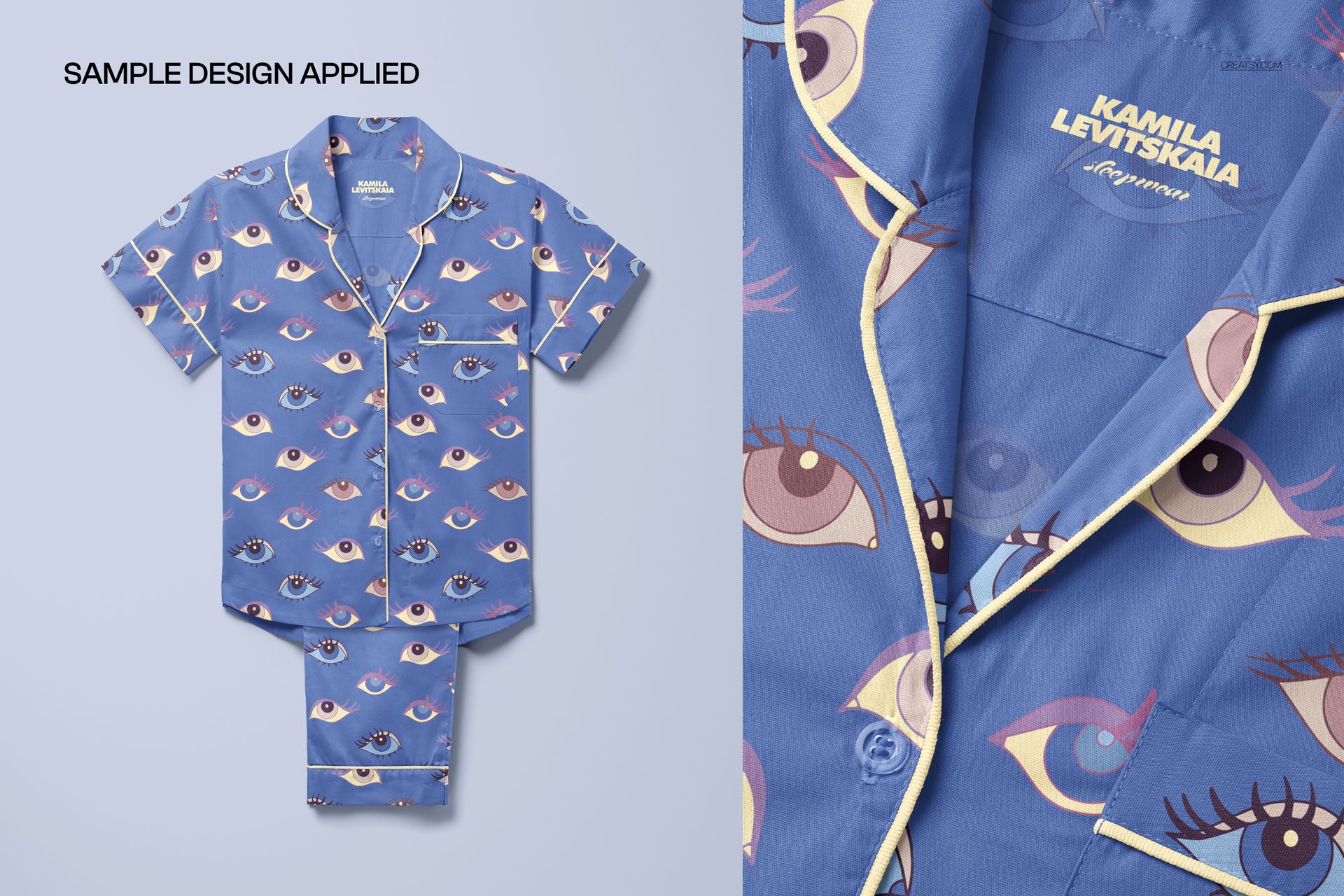 Short-sleeve pajama set with pants mockup featuring a blue fabric and eye pattern, shown front view and close-up.