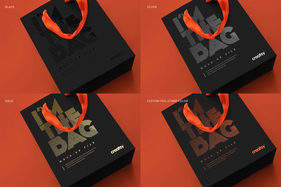 Four black gift bag mockups with orange ribbon handles, displayed with gold, silver, and custom foil stamp color options.