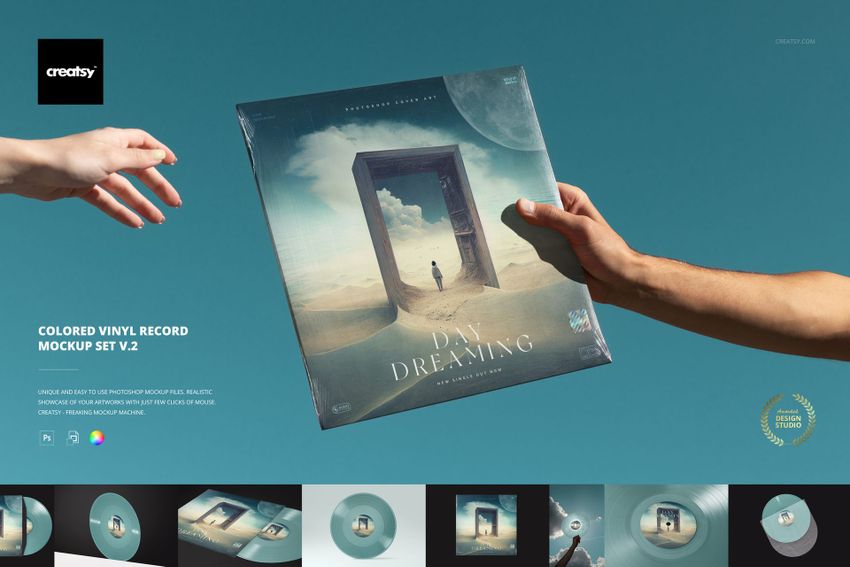Colored vinyl record mockup with a desert scene cover, shown in hand on blue backdrop, includes vinyl disc previews.