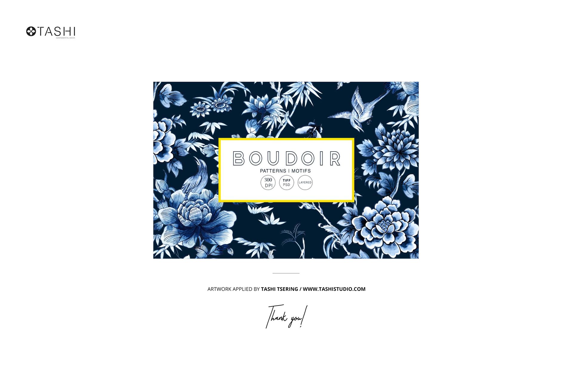 Tablecloth, napkins, and placemat mockup featuring a blue floral pattern on a garden table setup, front view.