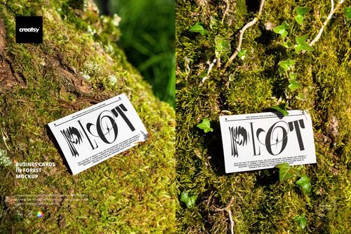 Business card PSD mockup featuring cards placed on textured moss and tree bark, photographed in bright sunlight.