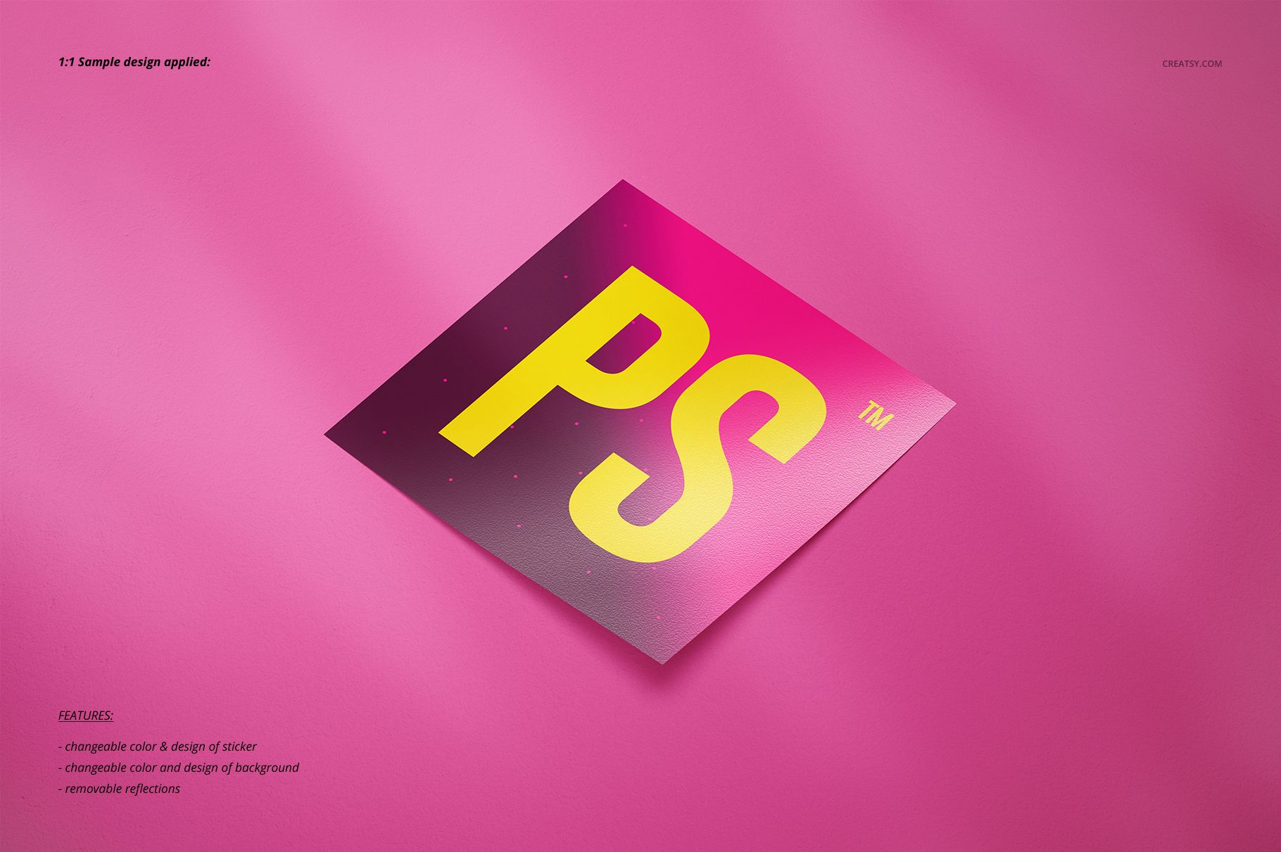 PSD mockup of a square sticker featuring bold yellow letters on a pink background, displayed at a slight angle.