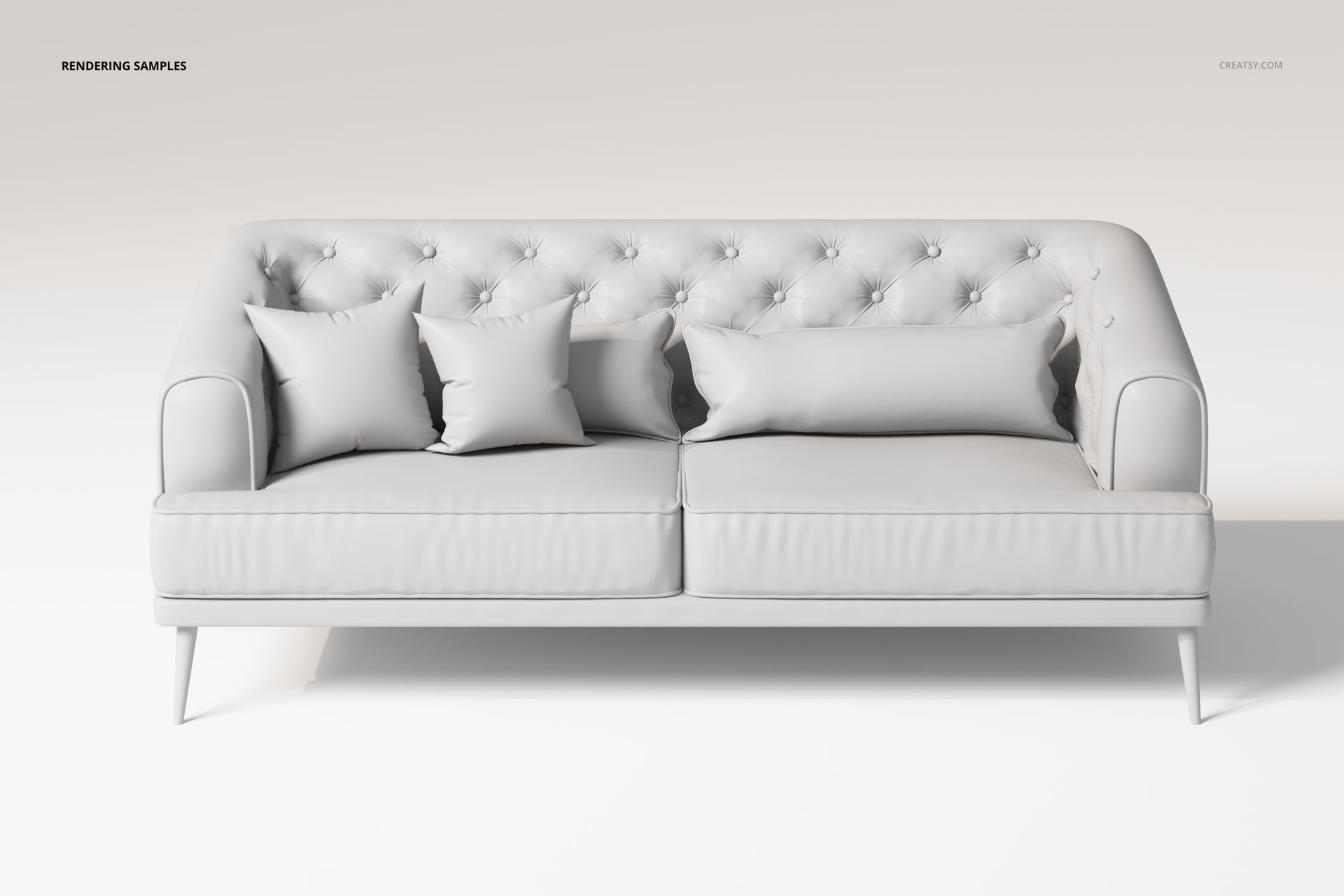 Front view of a dimpled sofa with tufted backrest and four matching cushions, upholstered in light gray fabric.