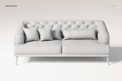 Front view of a dimpled sofa with tufted backrest and four matching cushions, upholstered in light gray fabric.
