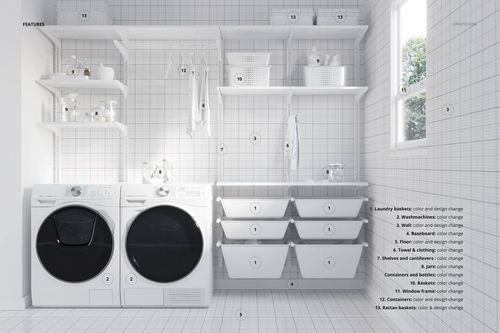 Modern laundry room mockup with white shelves, baskets, and washing machines in a bright, tiled space.