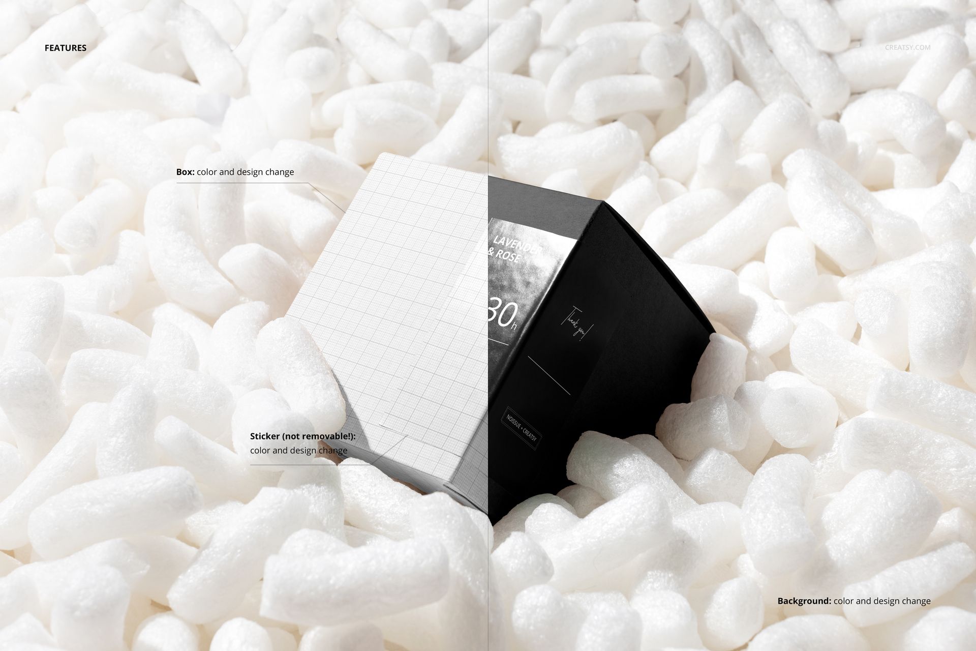Square box mockup with customizable design, half white grid pattern and half black, nestled in white packaging peanuts.