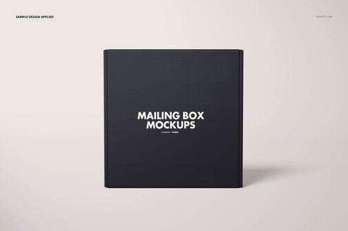 Square mailing box mockup in black, centered against a plain light background, showing front-facing perspective.