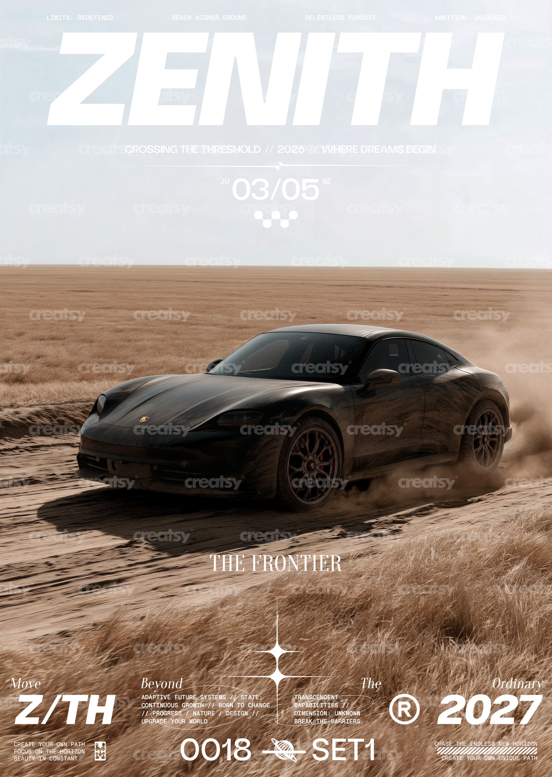 Poster mockup showing a black sports car driving through a dry grassy landscape, viewed from the front side.