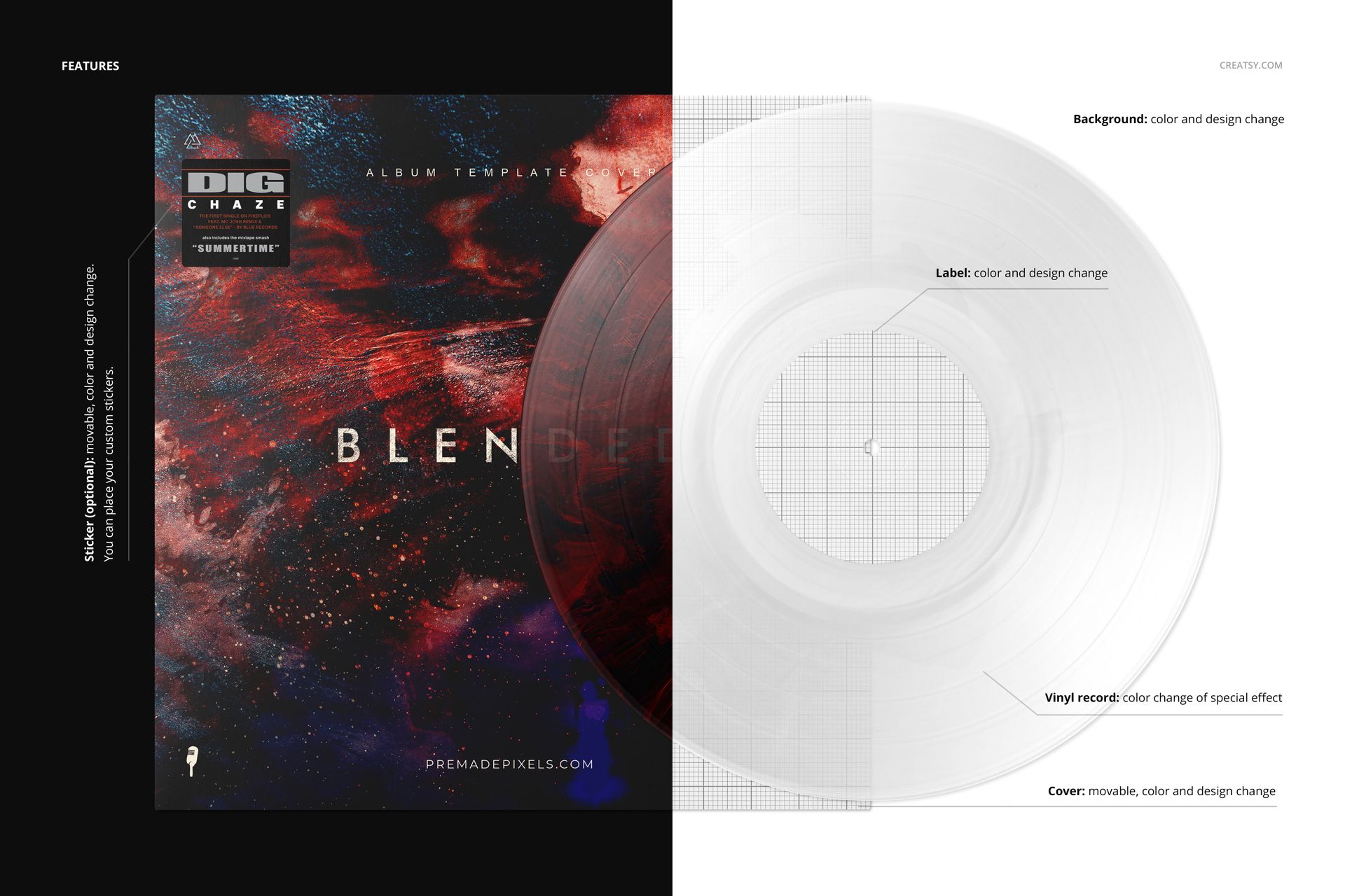 Front view of a marbled effect vinyl record and cover mockup, featuring a dark abstract design and clear record overlay.