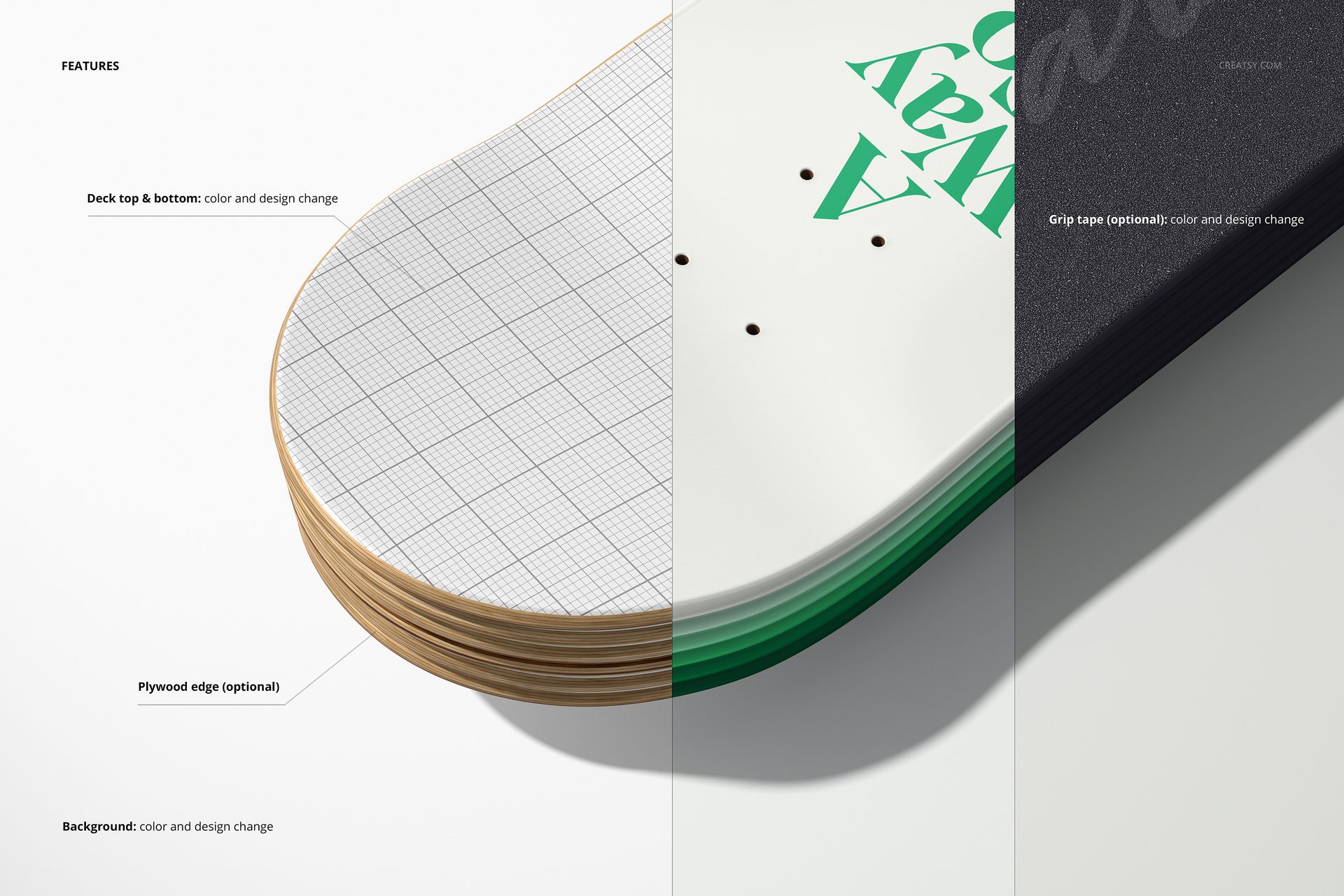 Skateboard deck mockup shown in close-up, displaying different design options for the top, bottom, and grip tape.