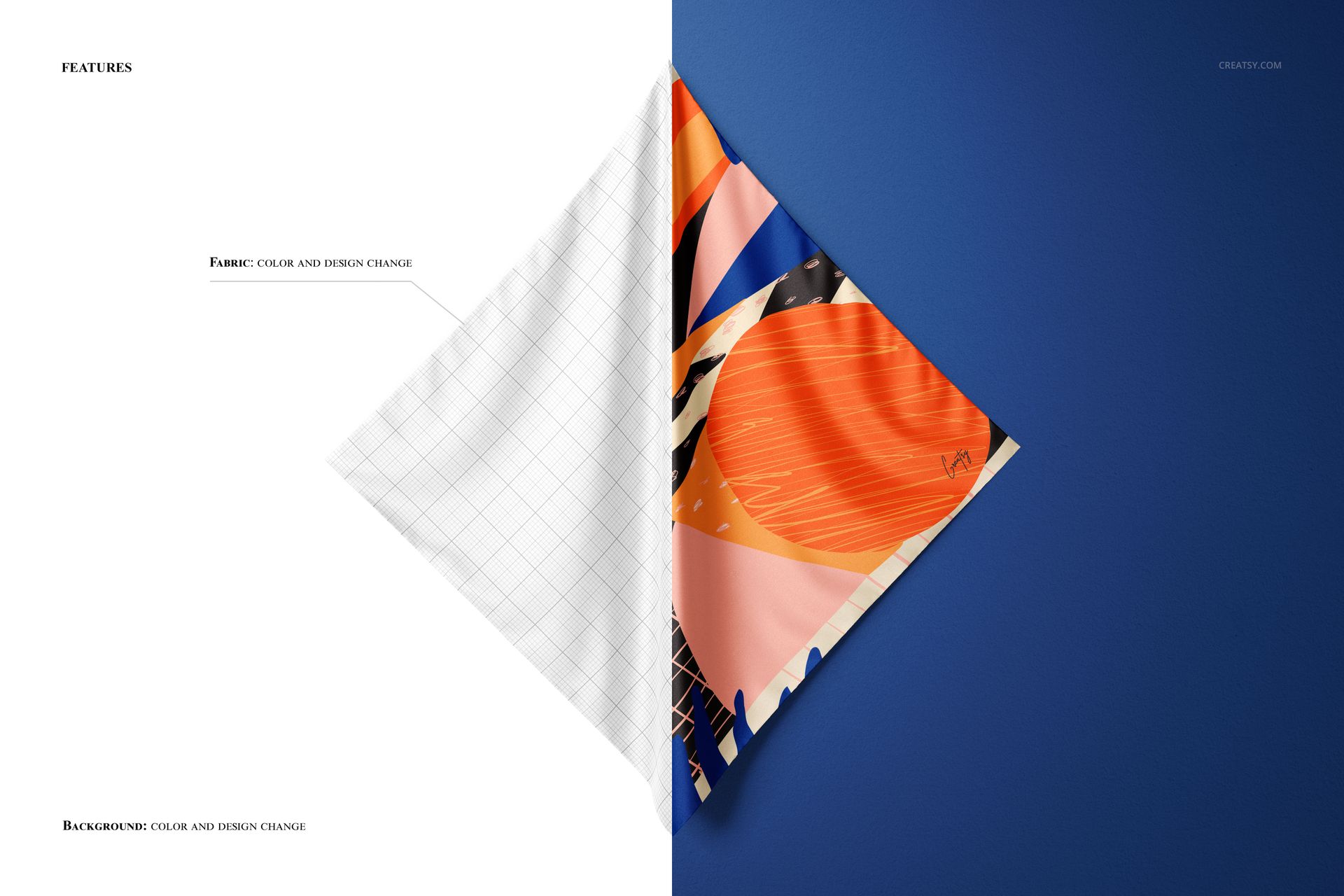 Square silk scarf mockup hanging on a wall, half shown with a colorful abstract pattern, half blank grid.