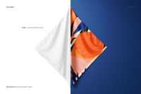 Square silk scarf mockup hanging on a wall, half shown with a colorful abstract pattern, half blank grid.