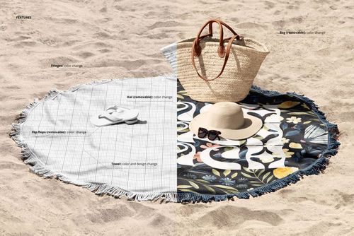 Round fringed beach towel mockup on sand, split to show blank template and floral pattern, with hat, sunglasses, and straw bag.
