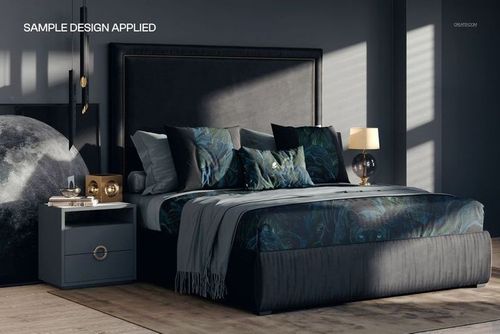 Contemporary hotel-style bedroom featuring a dark headboard, nightstand, and abstract PSD mockup wall art above the bed.
