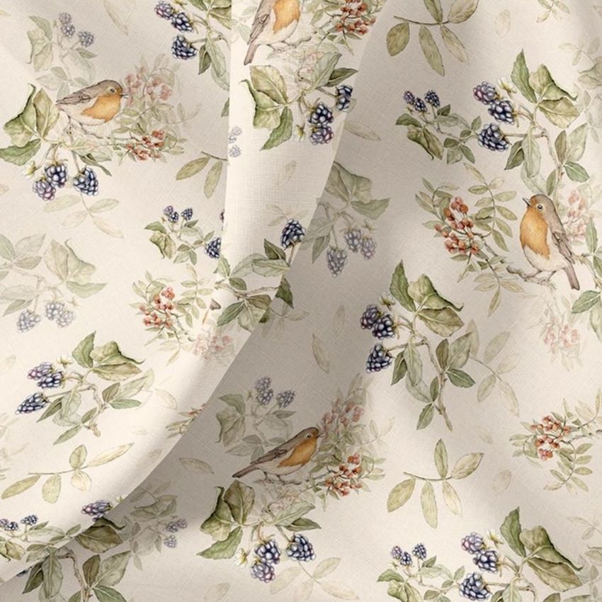 Fabric tester mockup featuring a close-up of patterned textile with watercolor-style birds, berries, and green leaves.